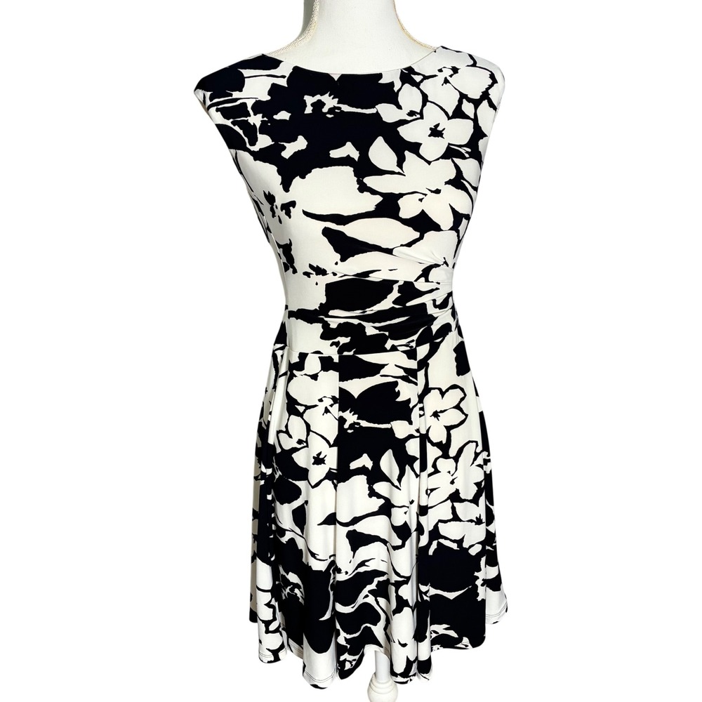 Lauren Ralph Lauren Floral Dress Womens 0P‎ Black White Ruched Petite Career